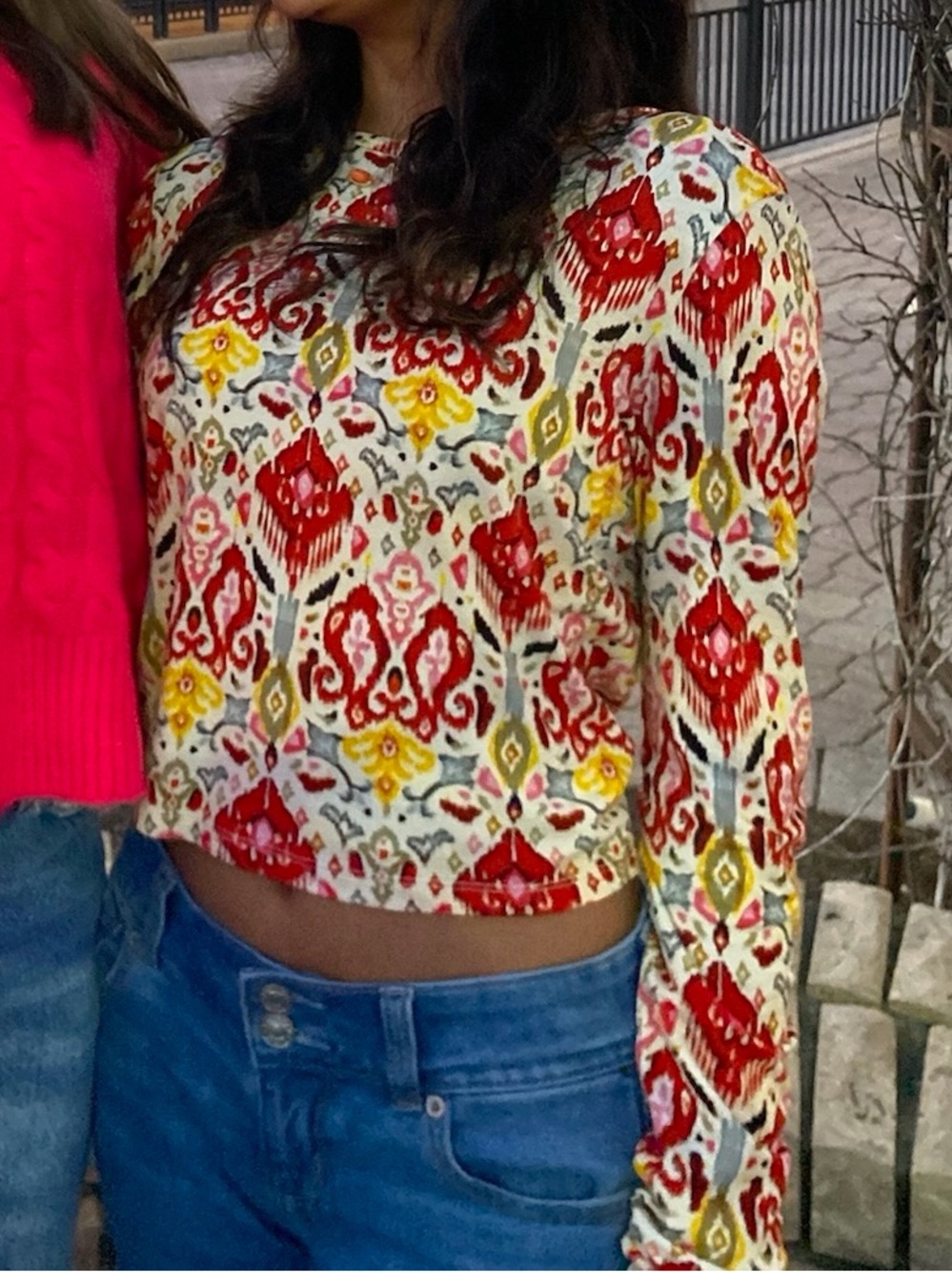 Alice + Olivia Cropped Ikat Print Long-Sleeve Top - Red Multi